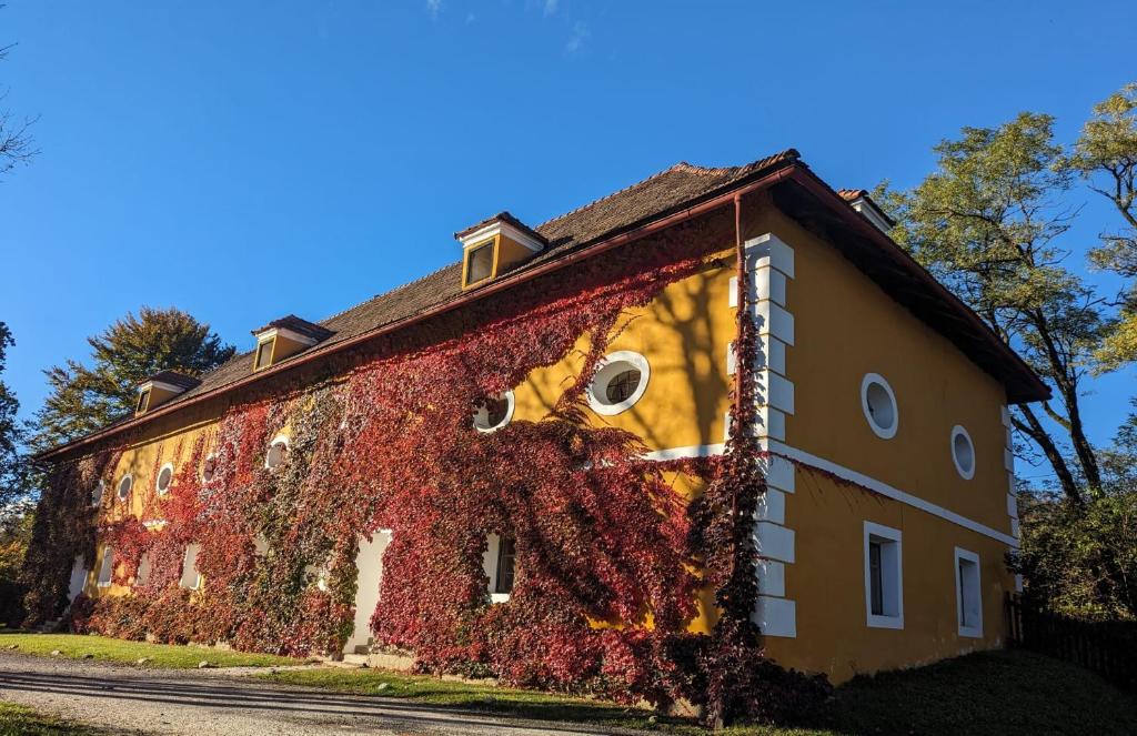 um edifício coberto de hera com um rosto em Ferienwohnung Ottmanach Josefhof em Pischeldorf