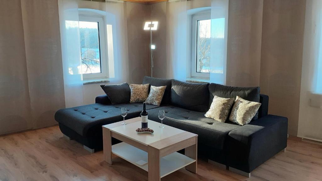 a living room with a blue couch and a table at Ferienwohnung Oberschieda in Kirchenlamitz