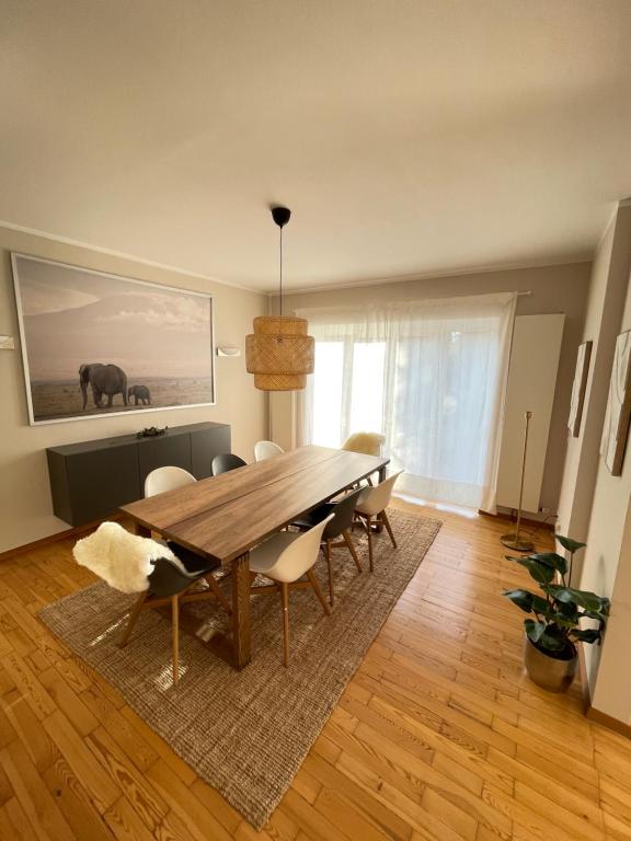 a dining room with a wooden table and chairs at Apartmenthaus Thommen in Nuremberg