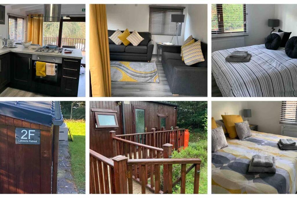 a collage of four pictures of a house at Lakeside retreat - Lodge 2F caer beris holiday park in Builth Wells