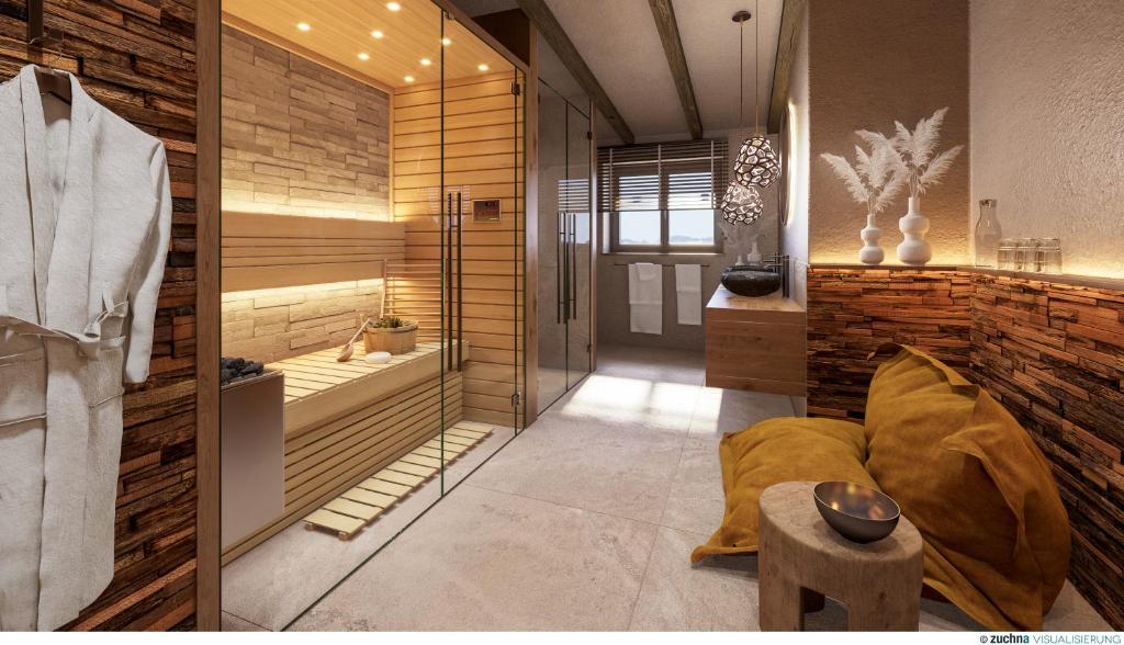 a bathroom with wooden walls and a glass door at Hoimat Pfronten - Luxusappartements mit Sauna und Bergblick in Pfronten