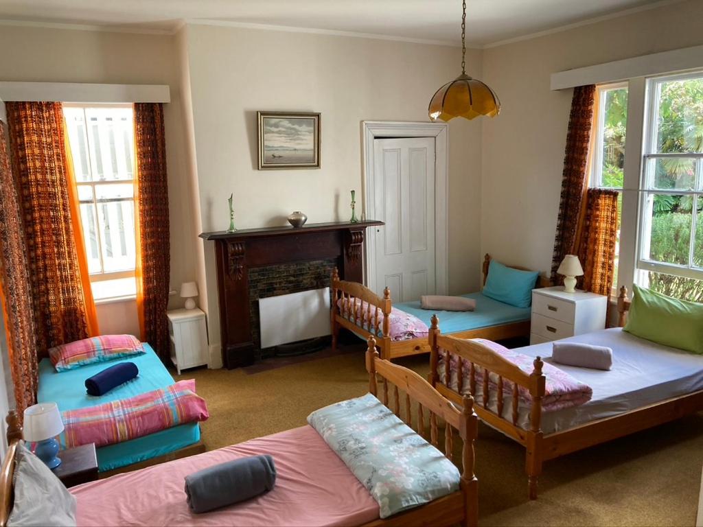 a living room with three beds and a fireplace at Honeysuckle House in Nelson