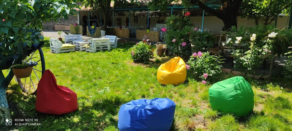 a garden with colorful bags in the grass at Lunisi Kvareli in Kvareli