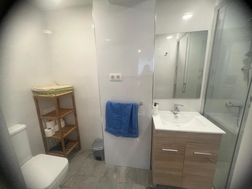 y baño con lavabo, ducha y aseo. en Relax apartamento 5, en Las Palmas de Gran Canaria