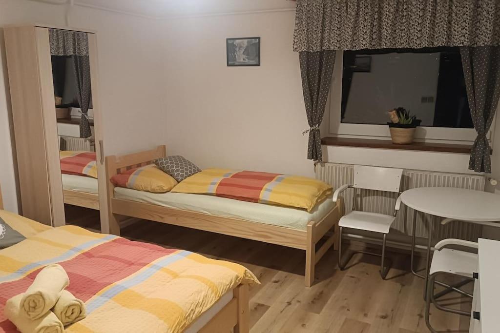 Cette chambre comprend deux lits, une table, une table et des chaises. dans l'établissement Apartmá Adam, à Rokytnice nad Jizerou