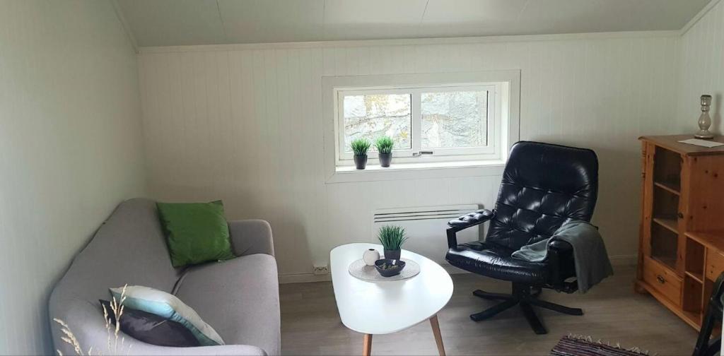 Sund的住宿－Lofoten - Koselig leilighet for 3 personer.，客厅配有沙发和椅子