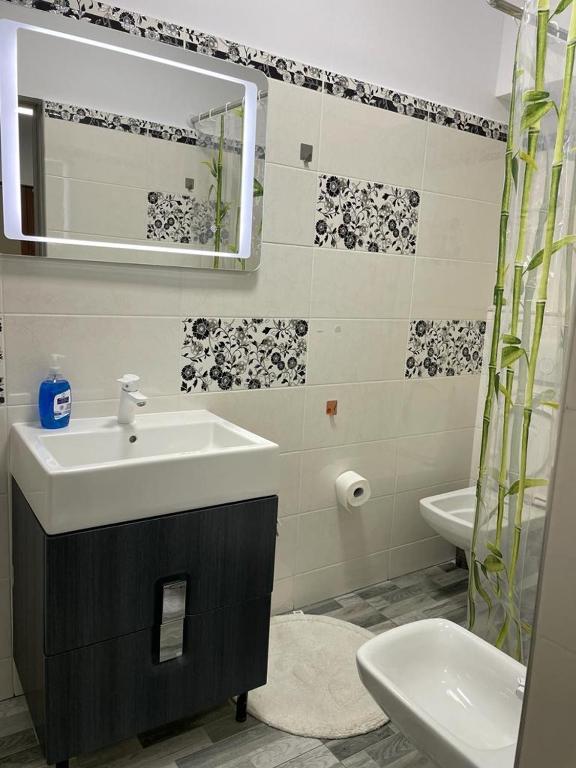 ein Badezimmer mit einem Waschbecken, einem Spiegel und einem WC in der Unterkunft Studio in Suceava