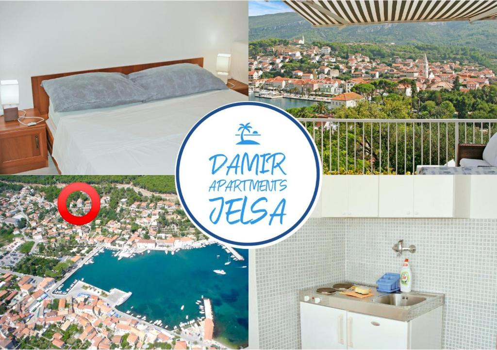 a collage of pictures of a bedroom and a view of a city at Apartment Nadallina in Jelsa