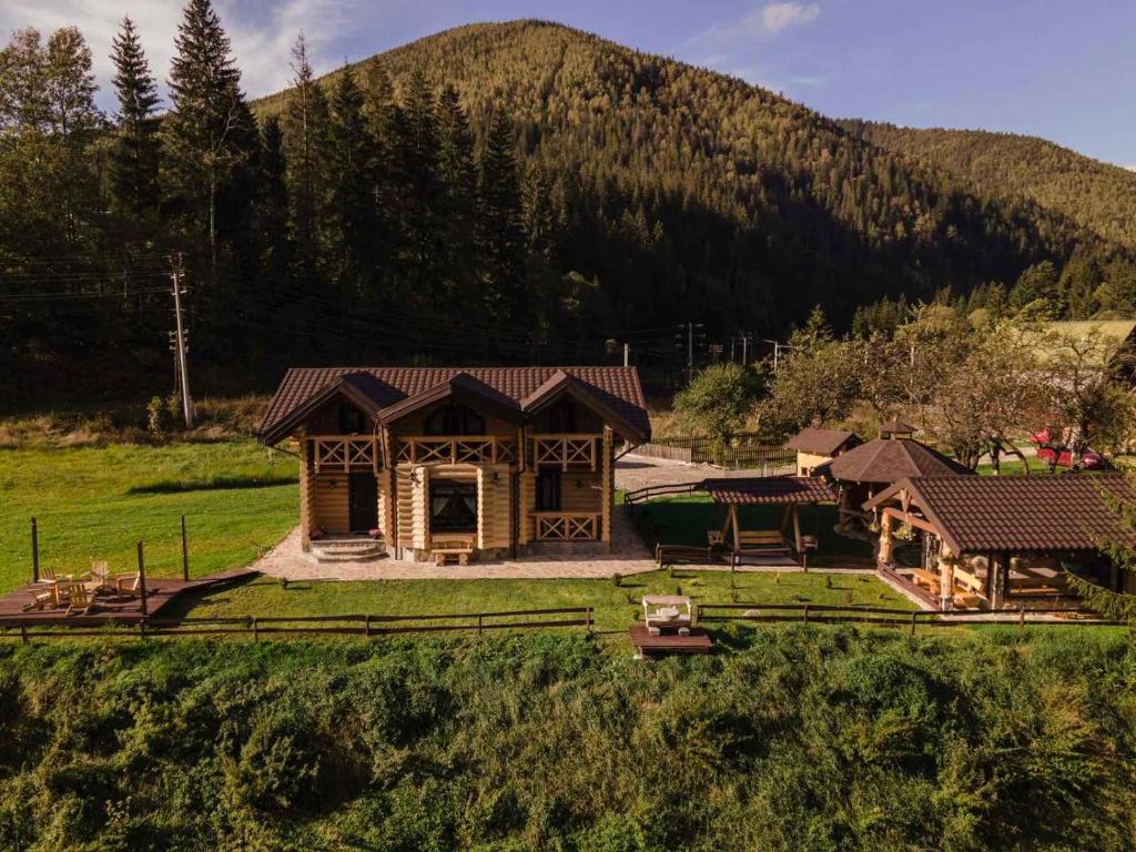 a house in a field with a mountain in the background at BerBen House in Vorokhta