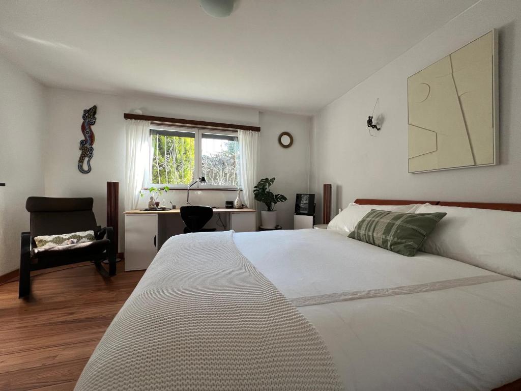 The Comfy Apartment في Ponte Capriasca: غرفة نوم بسرير ومكتب ونافذة