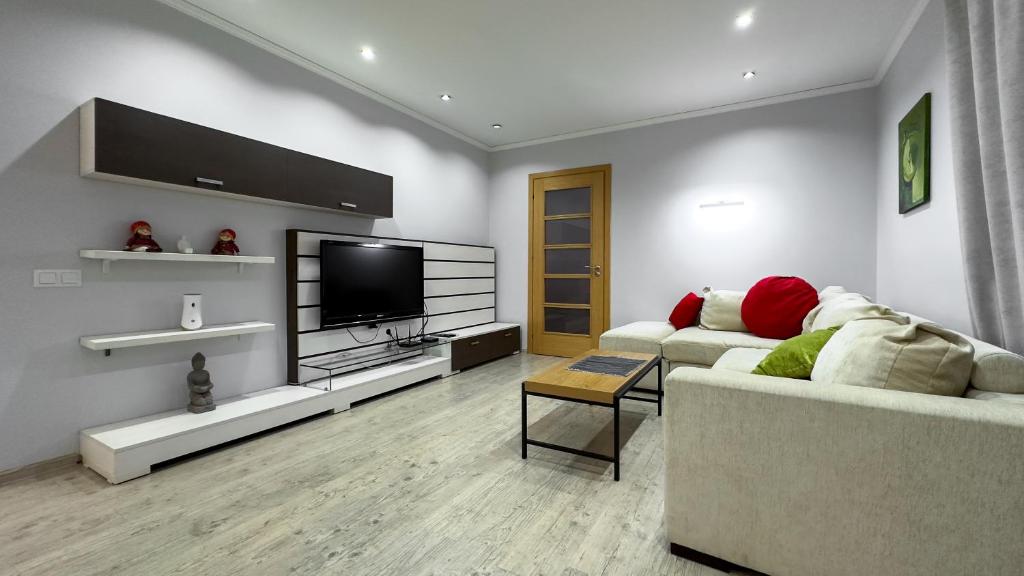 a living room with a couch and a flat screen tv at Damaris Apartments 2 in Chişinău