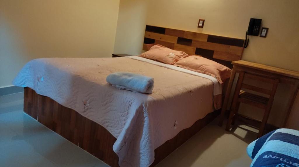 - une chambre avec un grand lit et une tête de lit en bois dans l'établissement HOSPEDAJE LA CABAÑA, à San Ramón