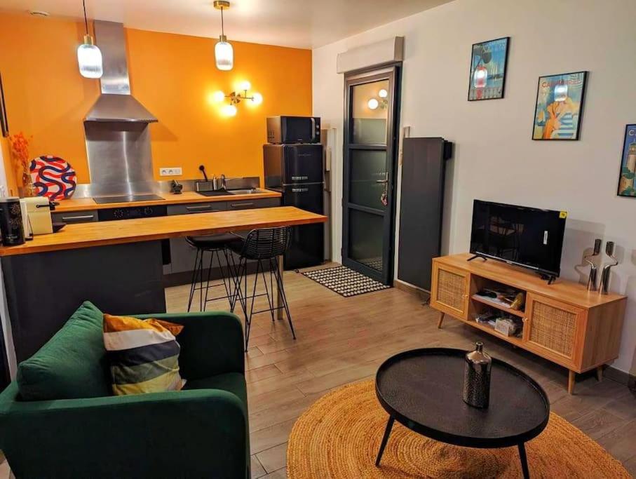 sala de estar con sofá verde y cocina en Charmant studio 25 minutes de Paris avec parking en Brunoy