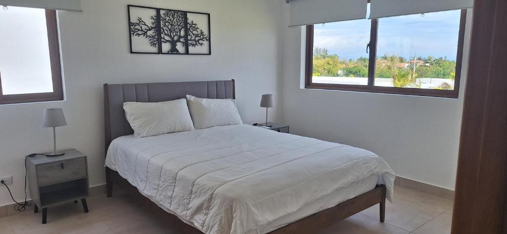 een slaapkamer met een groot bed en 2 ramen bij New apartment excellent location in Bávaro, Punta Cana in Punta Cana