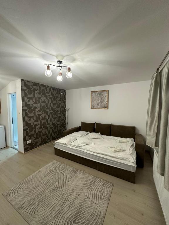 een slaapkamer met een groot bed en een tapijt bij Jokai Apartments Nr8, code entry in Sfântu-Gheorghe