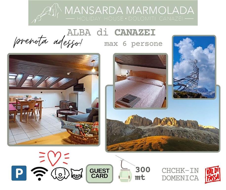 uma colagem de fotos de um quarto com uma montanha em MANSARDA MARMOLADA sui campi da sci em Alba di Canazei