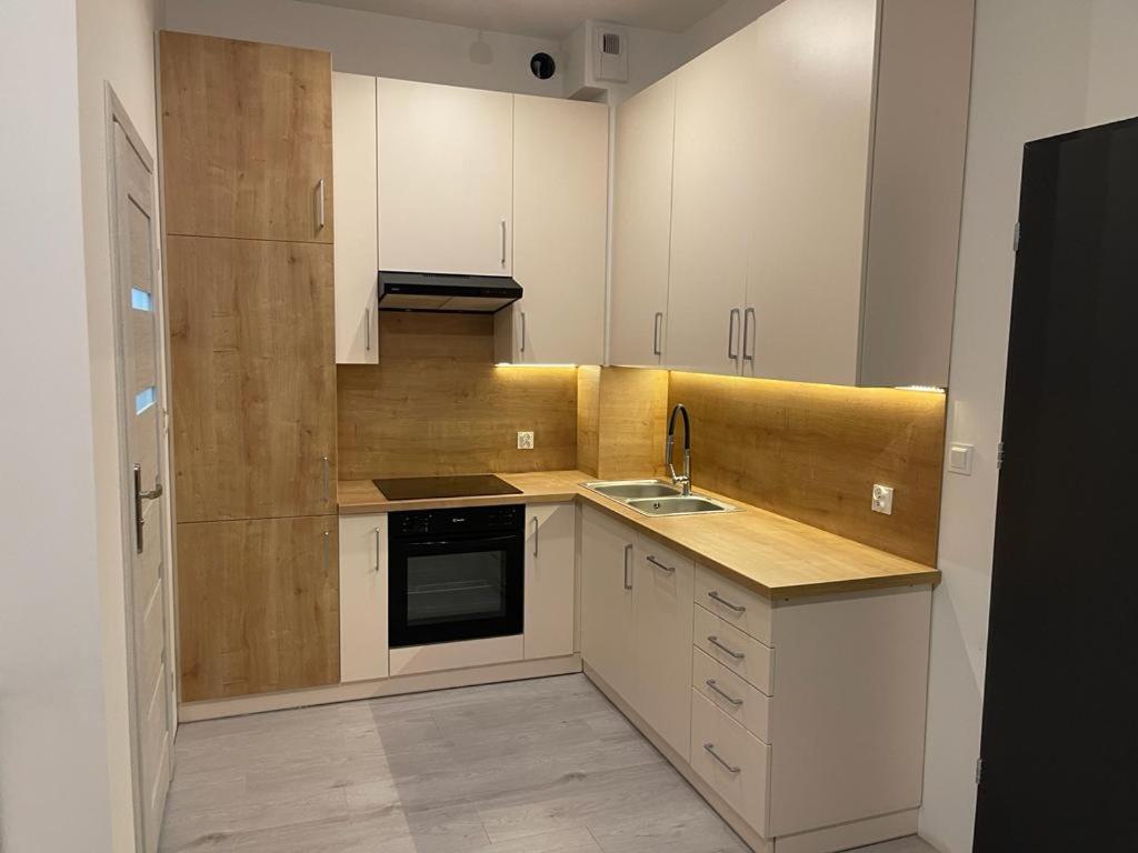 a kitchen with white cabinets and a sink at APARTS FOR YOU PREMIUM IX NOWE TORPO in Toruń