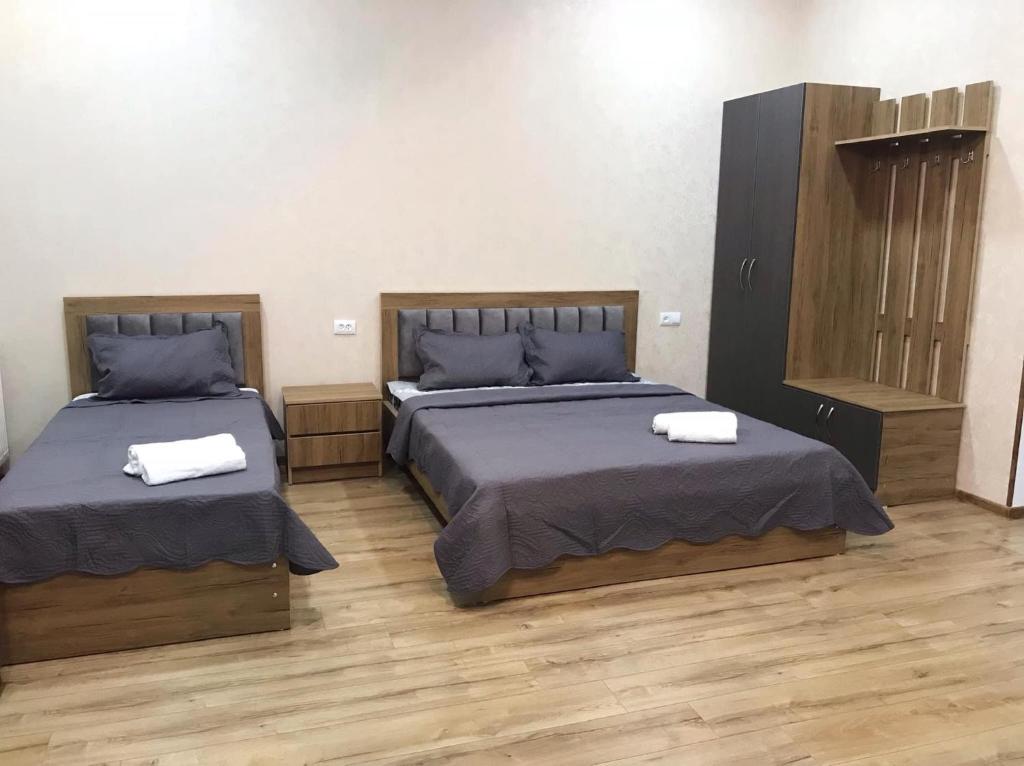 ボルジョミにあるN&G Apartmentの木製の床の部屋にベッドが2つあります
