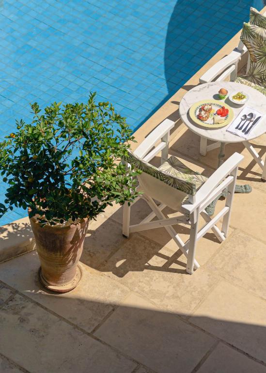 a table and chairs and a potted plant next to a pool at Mythos Suites Boutique Hotel in Rethymno