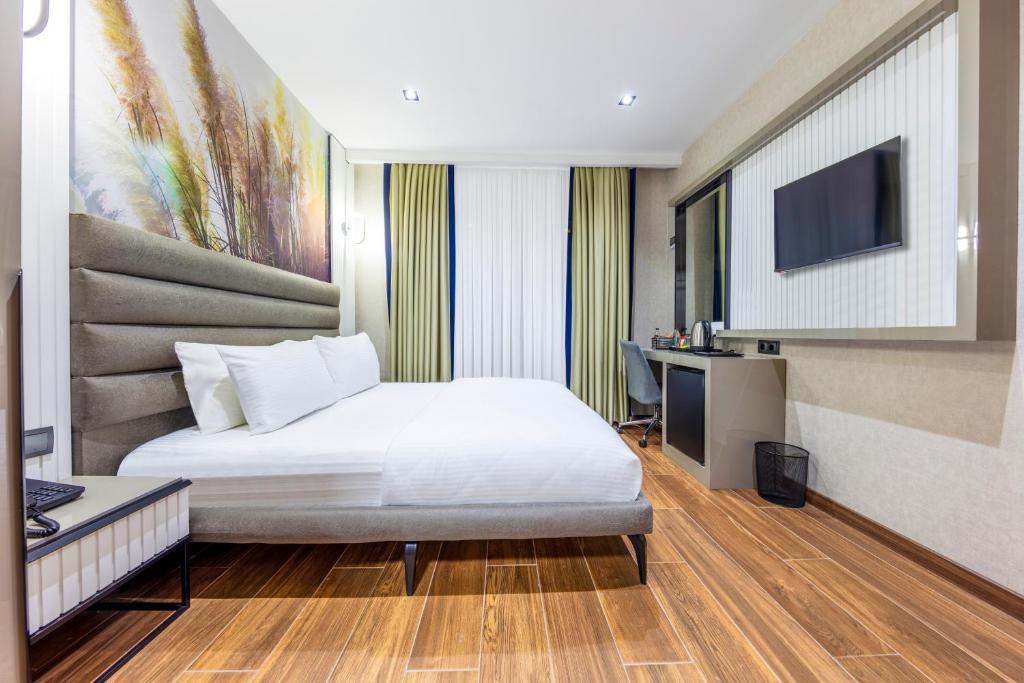 a hotel room with a bed and a television at Dem Premium Hotel - Round Trip Airport Service - Istanbul International Airport in Arnavutköy