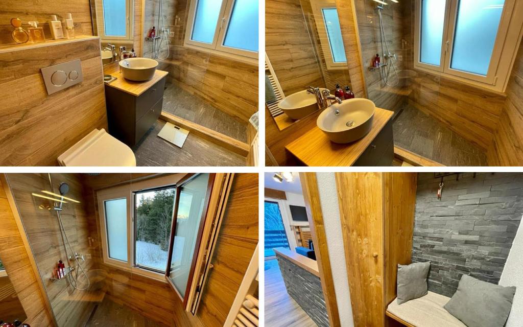 Quatre photos d'une salle de bains avec deux lavabos et une douche dans l'établissement Cozy Studio Retreat - completely renovated in a perfect location, à Crans-Montana