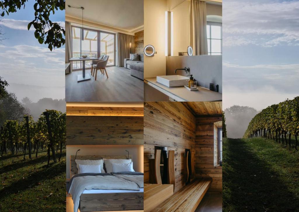 a collage of four pictures of a bedroom and a house at WEIN DOMIZIL Zieger in Neuhaus am Klausenbach