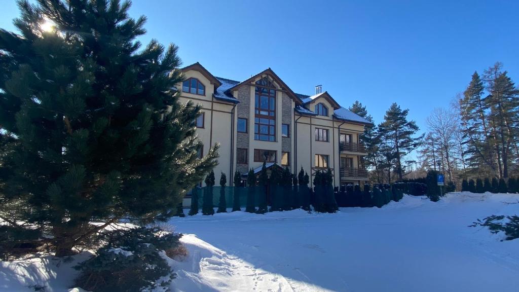a large house with a christmas tree in the snow at Apartments Piknik in Tatranská Lomnica