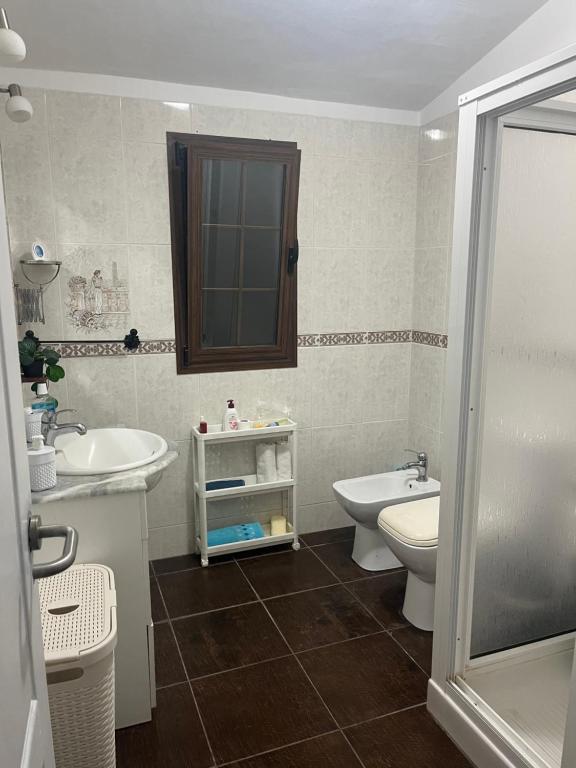 een badkamer met een toilet, een wastafel en een spiegel bij Pintadera house Vulcano in Icod de los Vinos