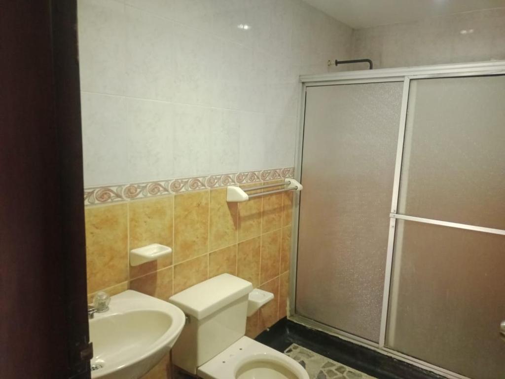 a bathroom with a shower and a toilet and a sink at La iguana café y más in Pereira