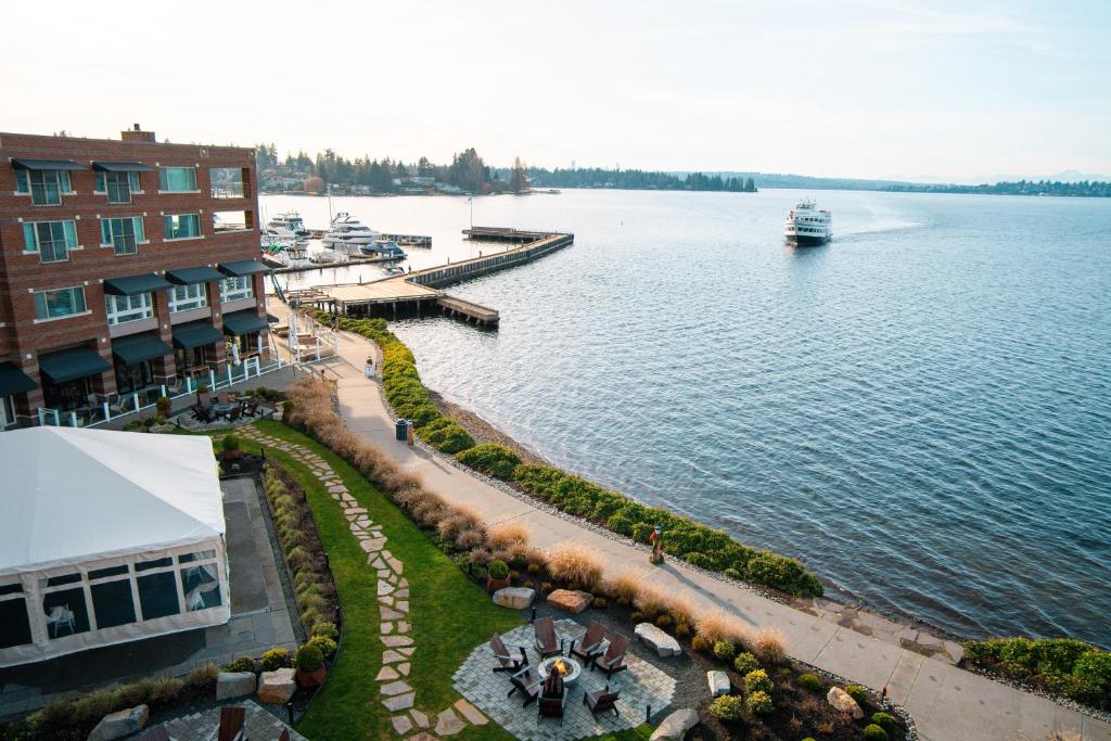 an aerial view of a harbor with a boat in the water at Woodmark Hotel & Still Spa in Kirkland