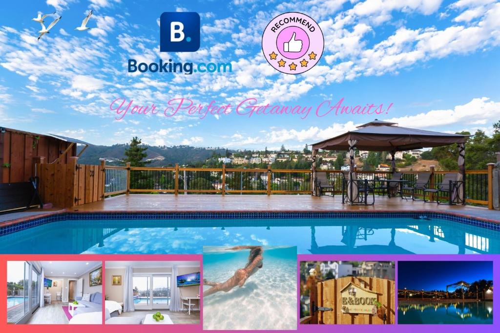 a collage of photos of a swimming pool with the words stay at a resort at E&book in San Carlos