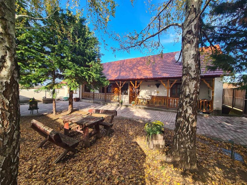 una casa con una mesa de picnic delante de ella en Gerendás Vendégház, en Mátraderecske