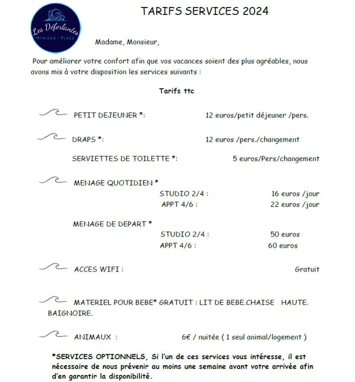 a screenshot of the menu of tarts services at Appartements Les Déferlantes Mimizan-plage in Mimizan-Plage