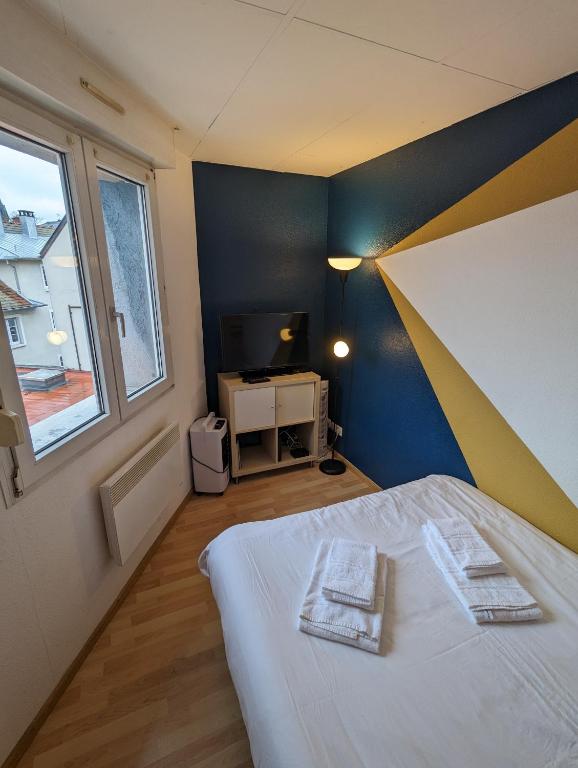 a small room with a bed and a tv at Ton Petit Studio - Le 62 - Coeur de Ville in Mulhouse