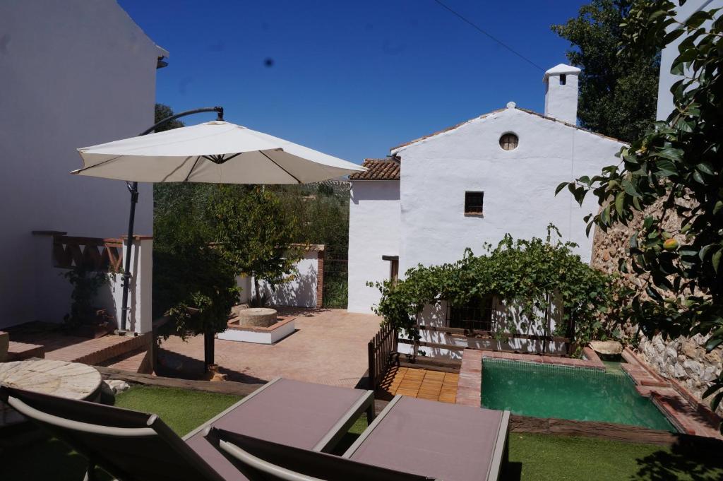 a patio with an umbrella and chairs and a pool at Molino Viejo de Salar in Salar