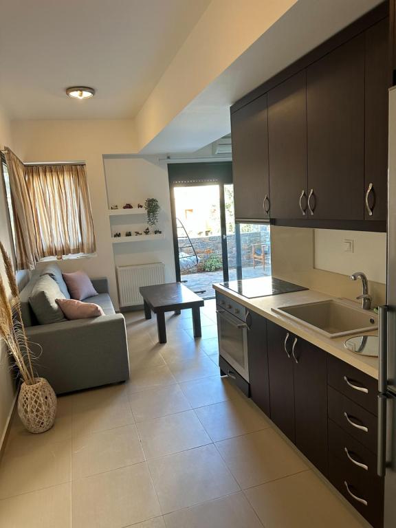 a kitchen and living room with a couch and a table at DRYADES in Agios Nikolaos