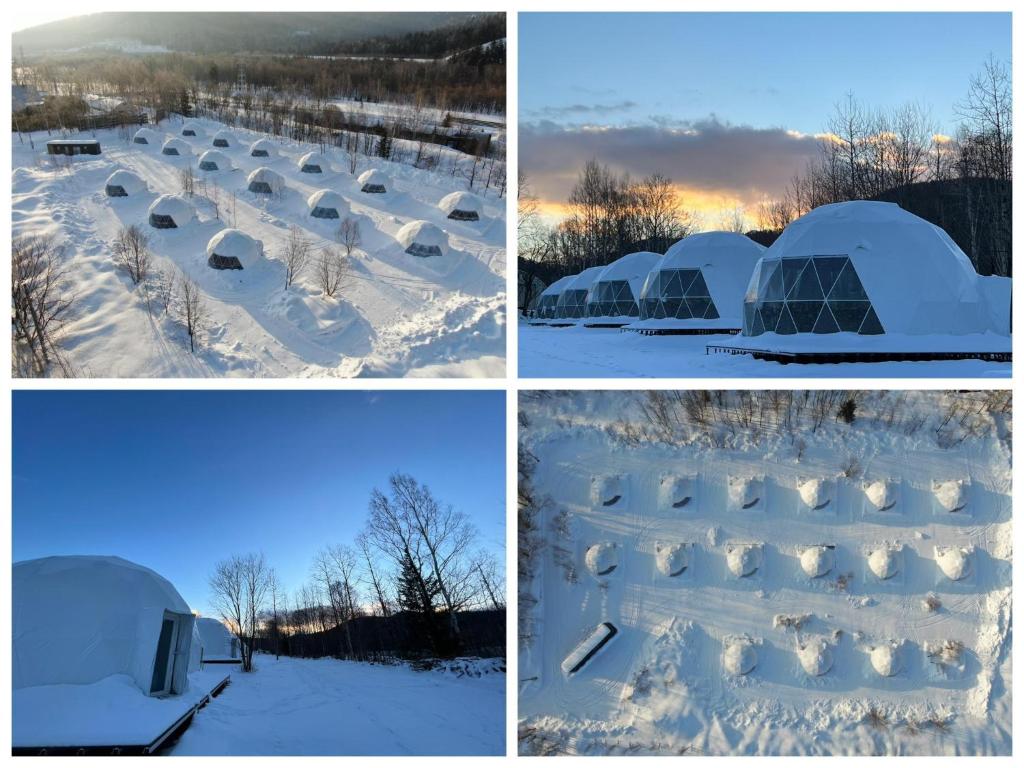 four different pictures of igloo houses in the snow at Inside the Lodge Aspen - Vacation STAY 42140v in Shimukappu