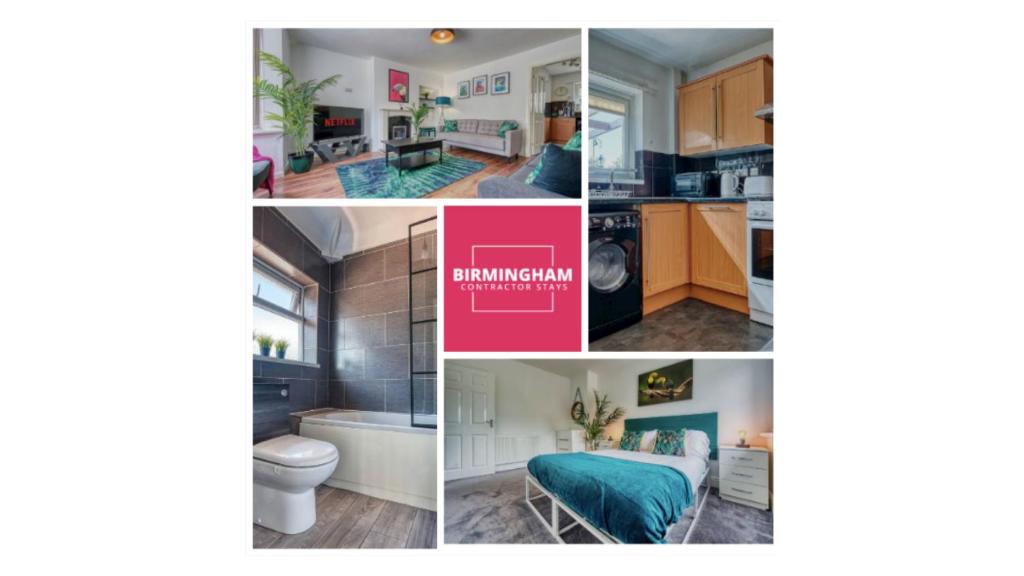 un collage di foto di una cucina e di un bagno di B24 Stunning Contractor House with 3 bedrooms, drive for 2 vehicles & smoking area in garden a Birmingham