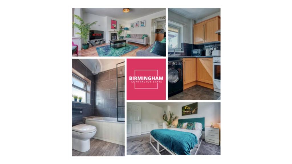 uma colagem de fotos de uma cozinha e uma casa de banho em B24 Stunning Contractor House with 3 bedrooms, drive for 2 vehicles & smoking area in garden em Birmingham