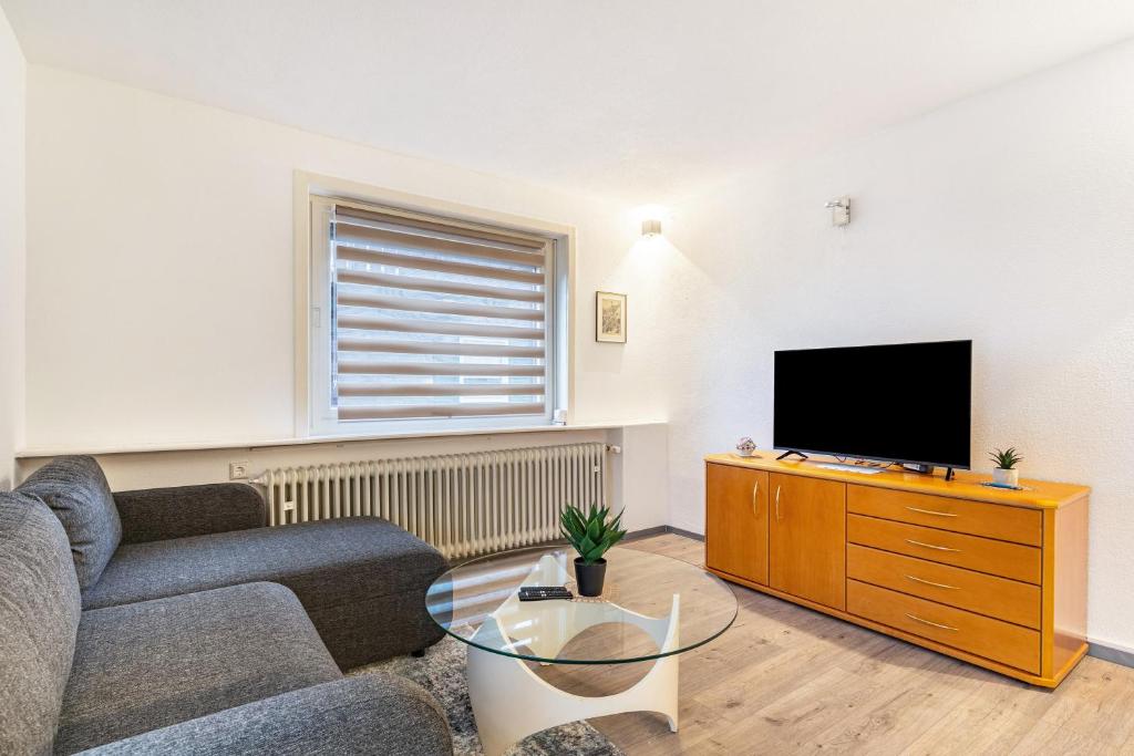 a living room with a couch and a flat screen tv at Ferienhaus Burghalde mit Sauna in Alpirsbach