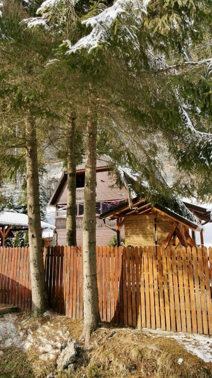 ein Haus hinter einem Zaun mit Bäumen und Schnee in der Unterkunft Cabana Weekend in Salard