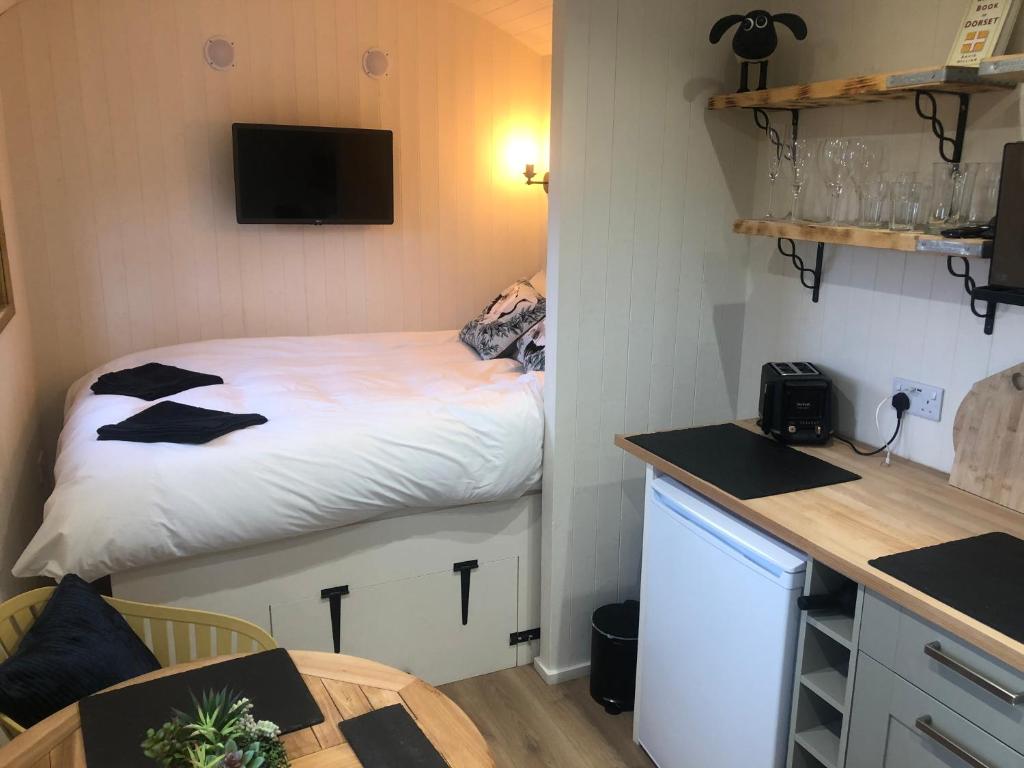 um pequeno quarto com uma cama no canto de uma cozinha em No 1 Hut Lane, a cosy Hut, heating, hot water and a magnificent view for 2 em Dorchester