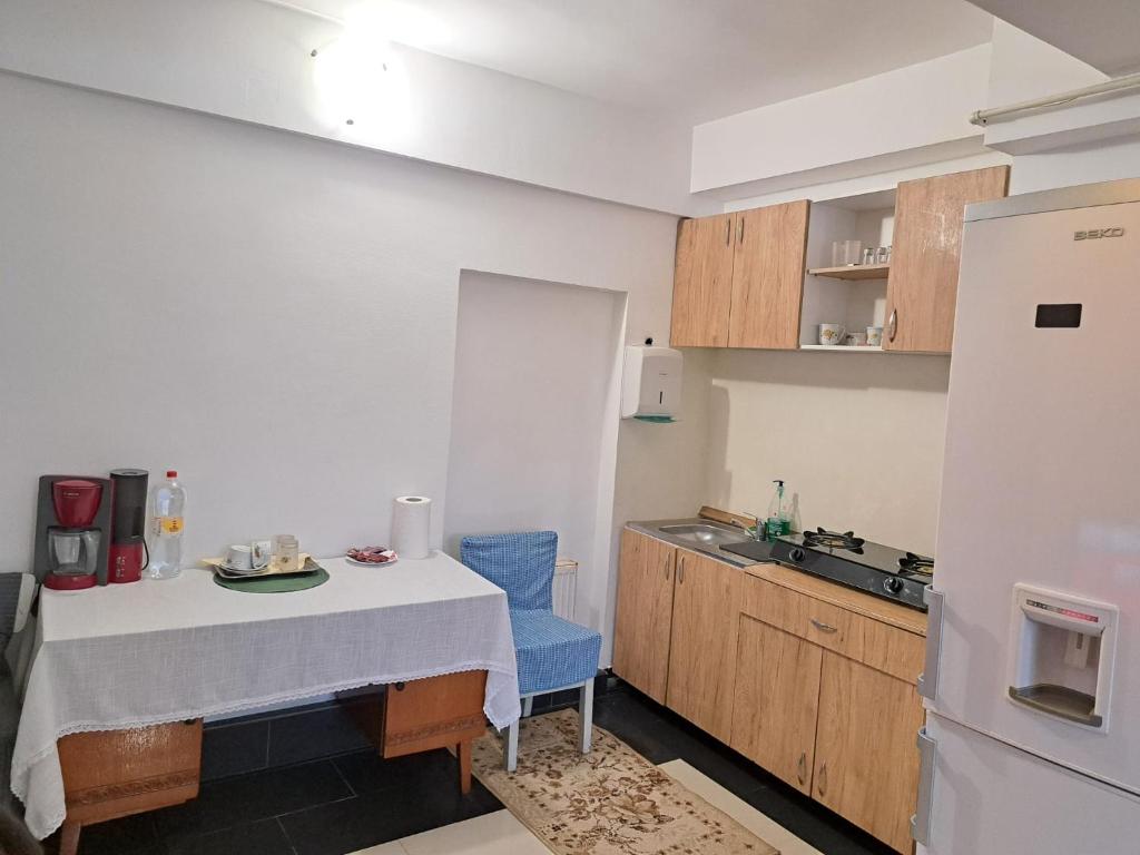 a small kitchen with a table and a refrigerator at Casa Bia in Braşov
