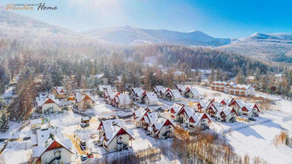 an aerial view of a village covered in snow at Wonder Home - Domki górskie z kominkami na kameralnym osiedlu - plac zabaw na terenie kompleksu in Karpacz