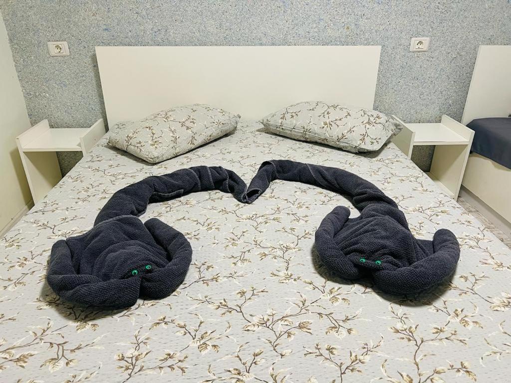 un letto con due grandi asciugamani a forma di cuore di Casa Ana a Constanţa