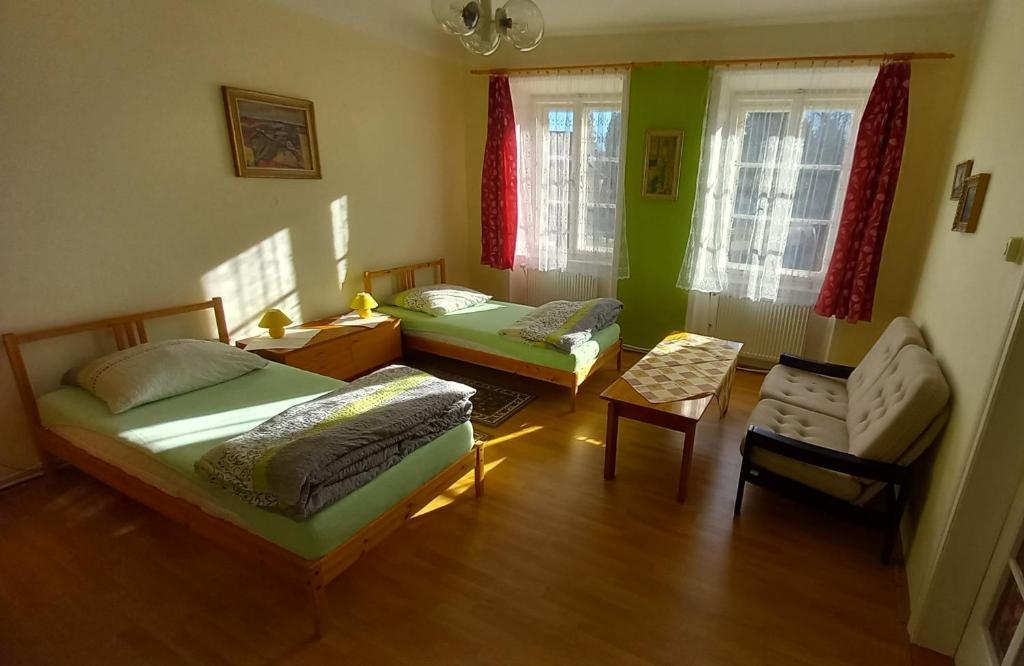 pokój z 2 łóżkami i krzesłem w obiekcie Apartman pod Zamkem w Javorníku
