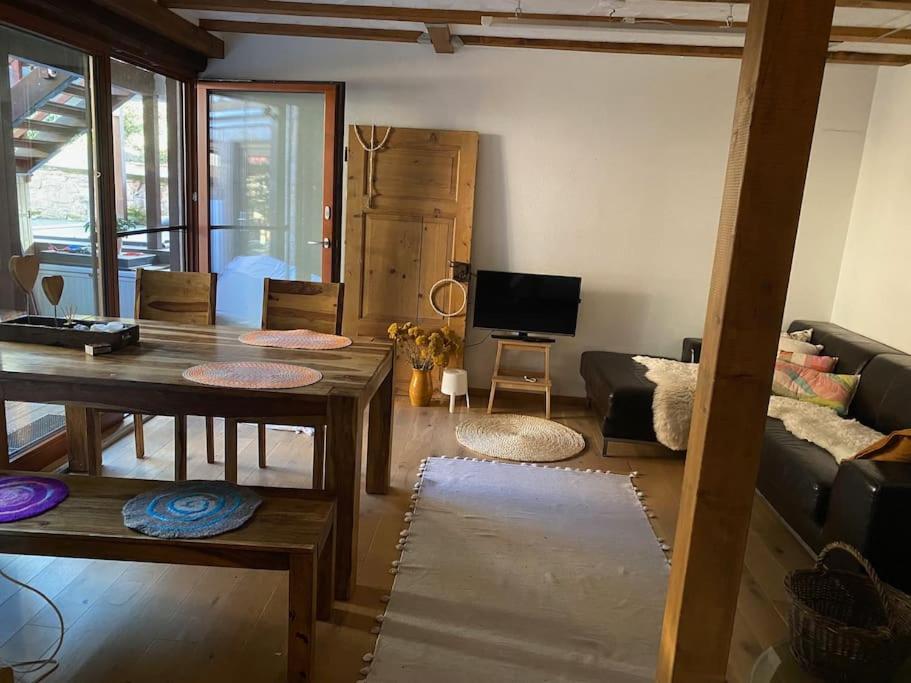 Μια τηλεόραση ή/και κέντρο ψυχαγωγίας στο Einzimmerapartment mit Fass Sauna (und Pool)
