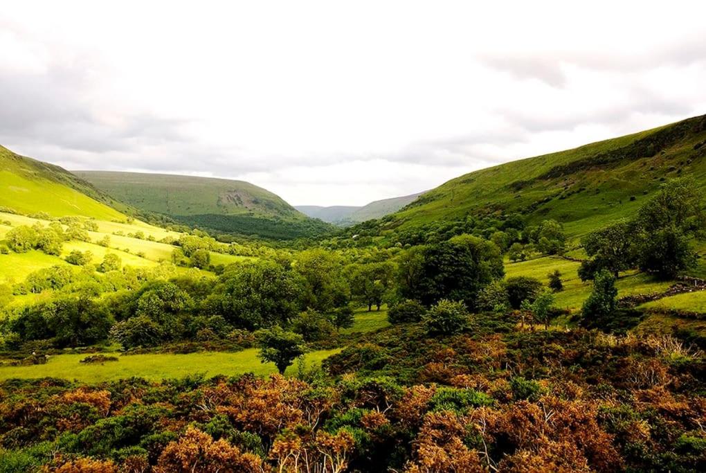 un valle verde con colinas a lo lejos en The Castle, Capel-y-Ffin, The Black Mountains, en Abergavenny