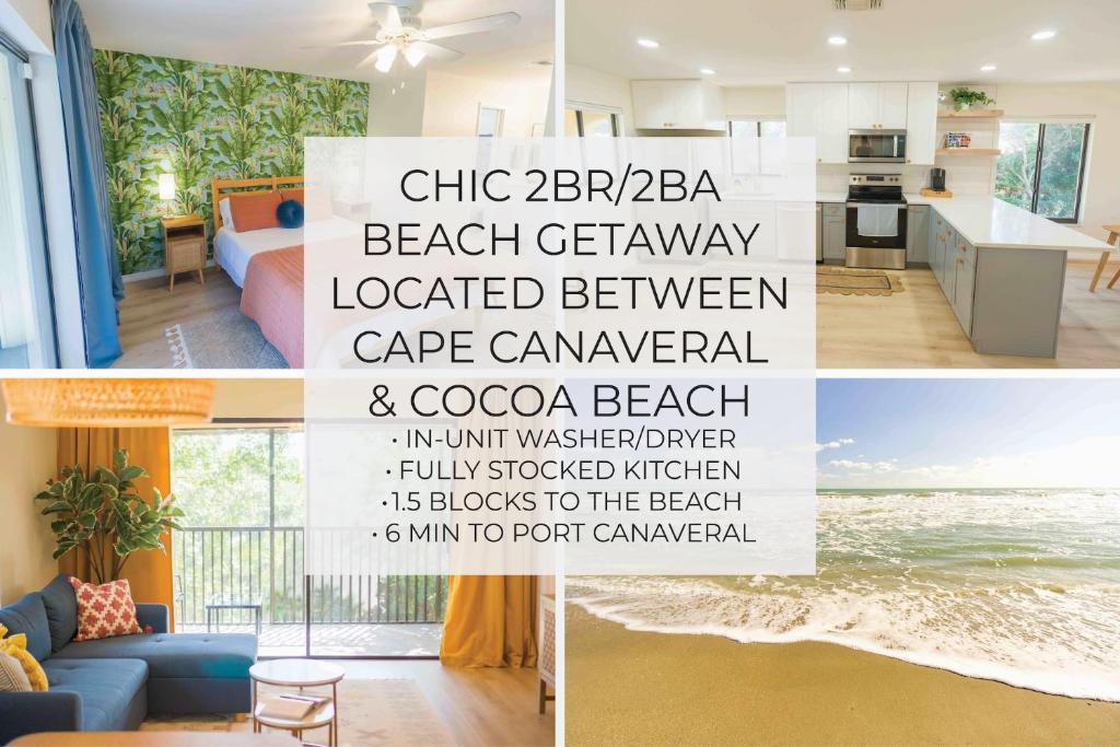 een collage van foto's van een woonkamer en een keuken bij Private Tropical Beach Oasis in Cape Canaveral