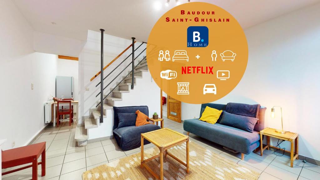 una sala de estar con 2 sofás azules y una escalera en Comfortable house G00gle-SHAPE- Chièvres Air Base en Saint-Ghislain